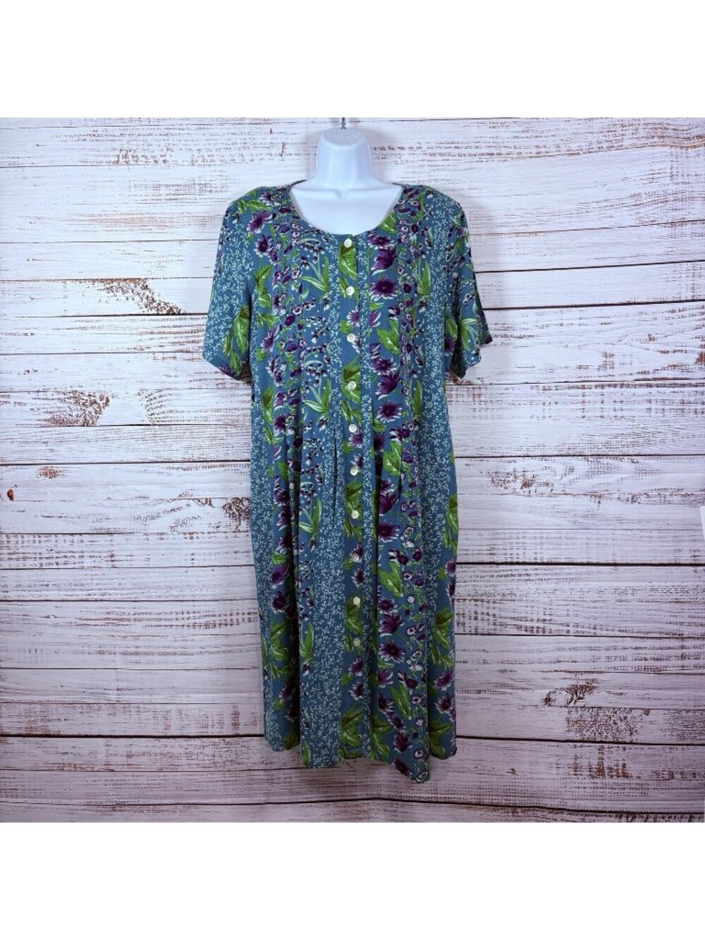 The Vermont Country Store Teal Floral Button Rayon Short Sleeve Midi Dress